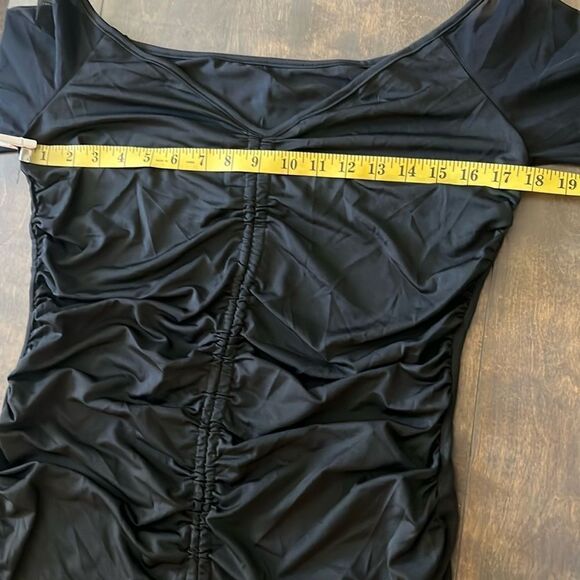 Sexy Mesh Bodycon Off Shoulder Long Sleeve Ruched Drawstring Knee Length Dress - Picture 11 of 14